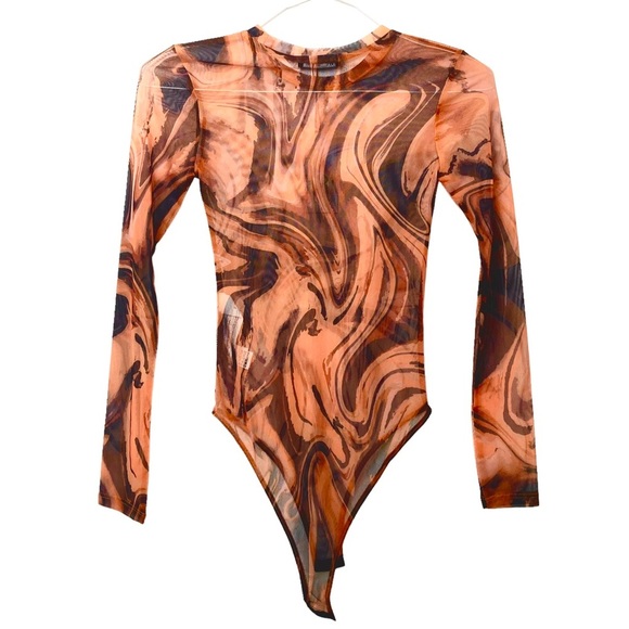 Zara NWT Sheer Mesh Marble Print Bodysuit Sz Small Long Sleeve  Brown - Picture 3 of 4